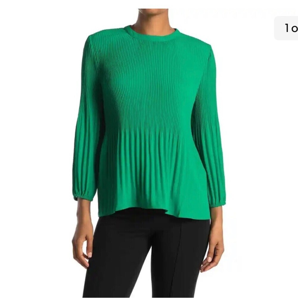 Adriana Papell Pleated Georgette Crepe Blouse Kelly Green Keyhole blouse top